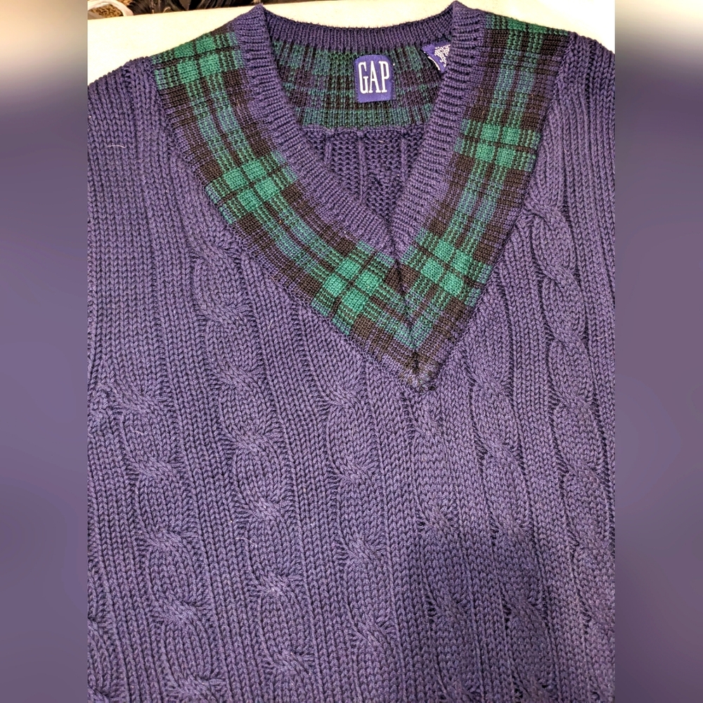 GAP Men's Vintage 90's Navy Cable Knit Sweater Vest - Picture 5 of 8